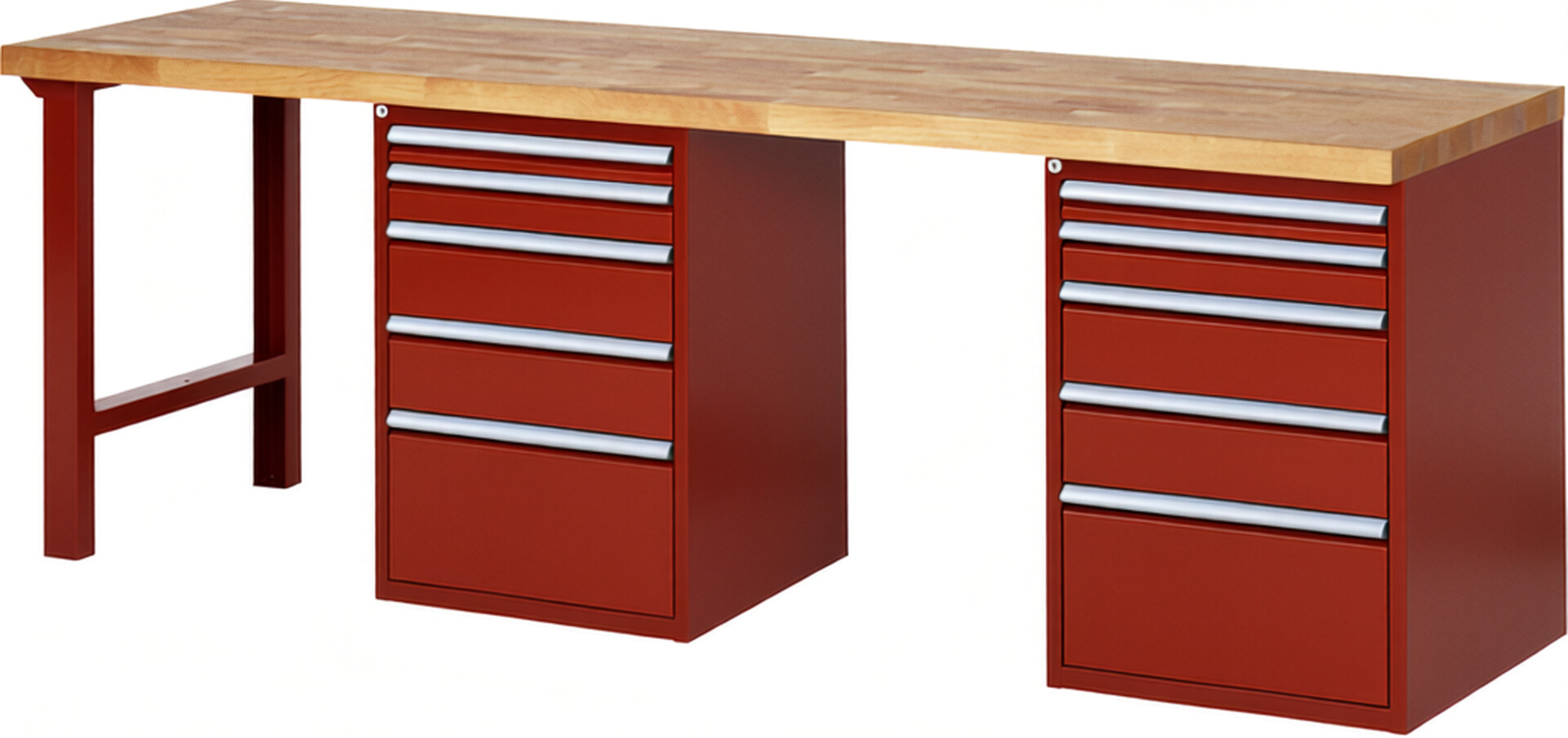 Werkbank Modell 7511 rot, BxTxH 2500x700x890 mm,  Buche-Massiv Arbeitsplatte 40 mm,  10 Schubladen mit  Auszug 90 %