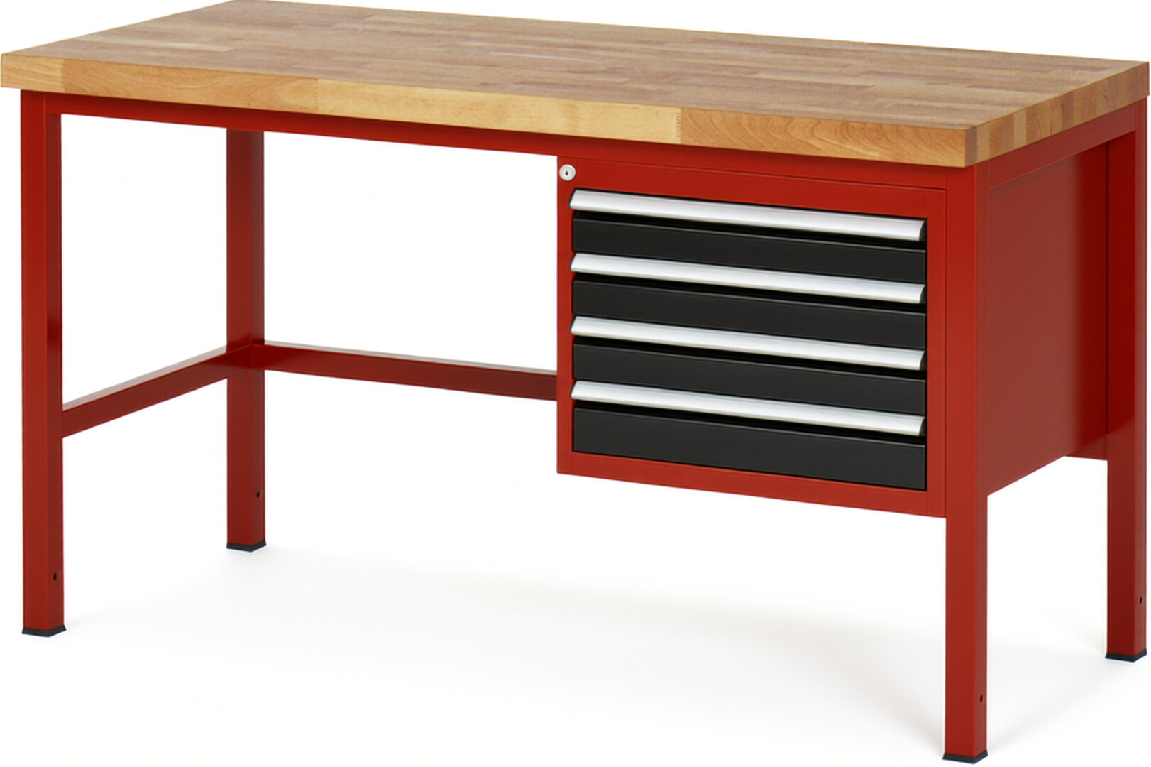 Werkbank Modell 8133 rot - schwarz, BxTxH 1500x700x840 mm,  Buche-Massiv Arbeitsplatte 40 mm,  4 Schubladen mit  Vollauszug 100 % und  SoftClosing