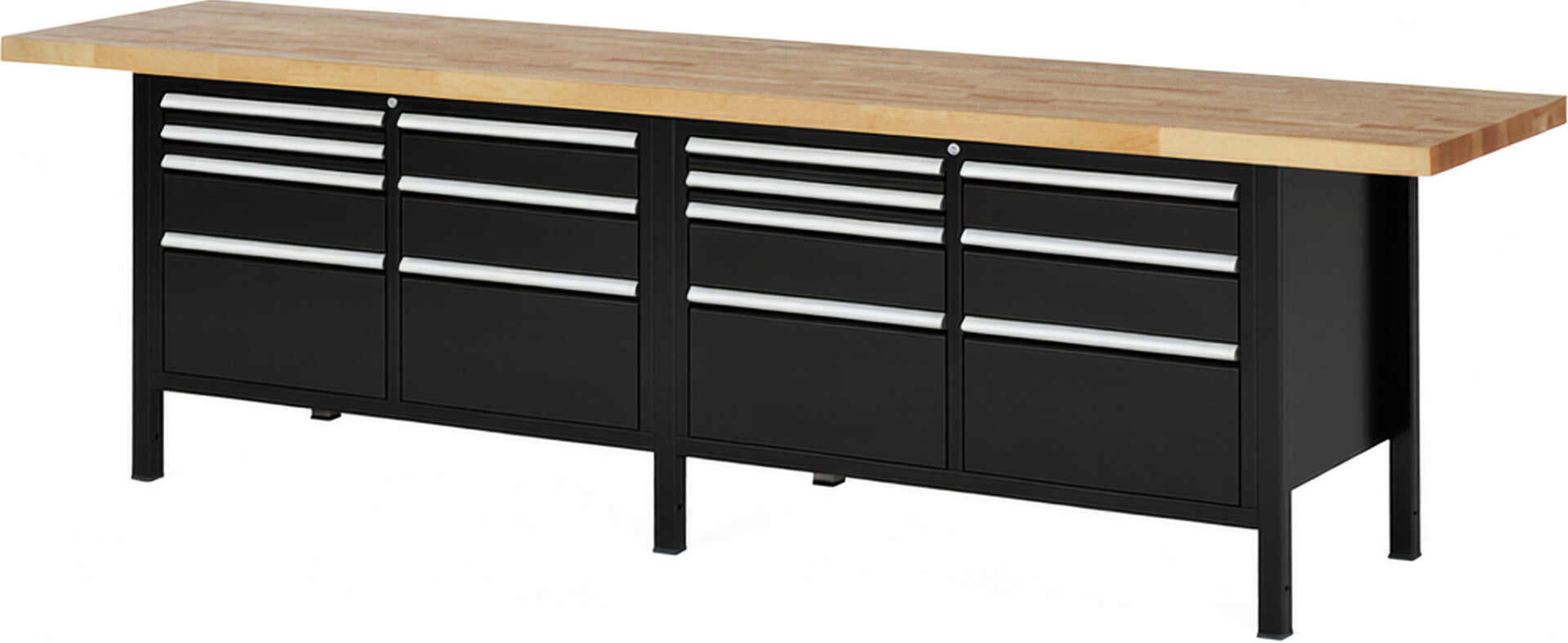 Werkbank Modell 8476 schwarz, BxTxH 3000x700x840-1040 mm,  Buche-Massiv Arbeitsplatte 40 mm,  14 Schubladen mit  Vollauszug 100 % und  SoftClosing