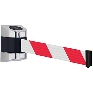 Wandkassette mit Rollgurt, Wandfixierung inkl. Wandanschluss, Gehäuse Kunststoff Chrom, Gurt 4,60 m, rot/weiß