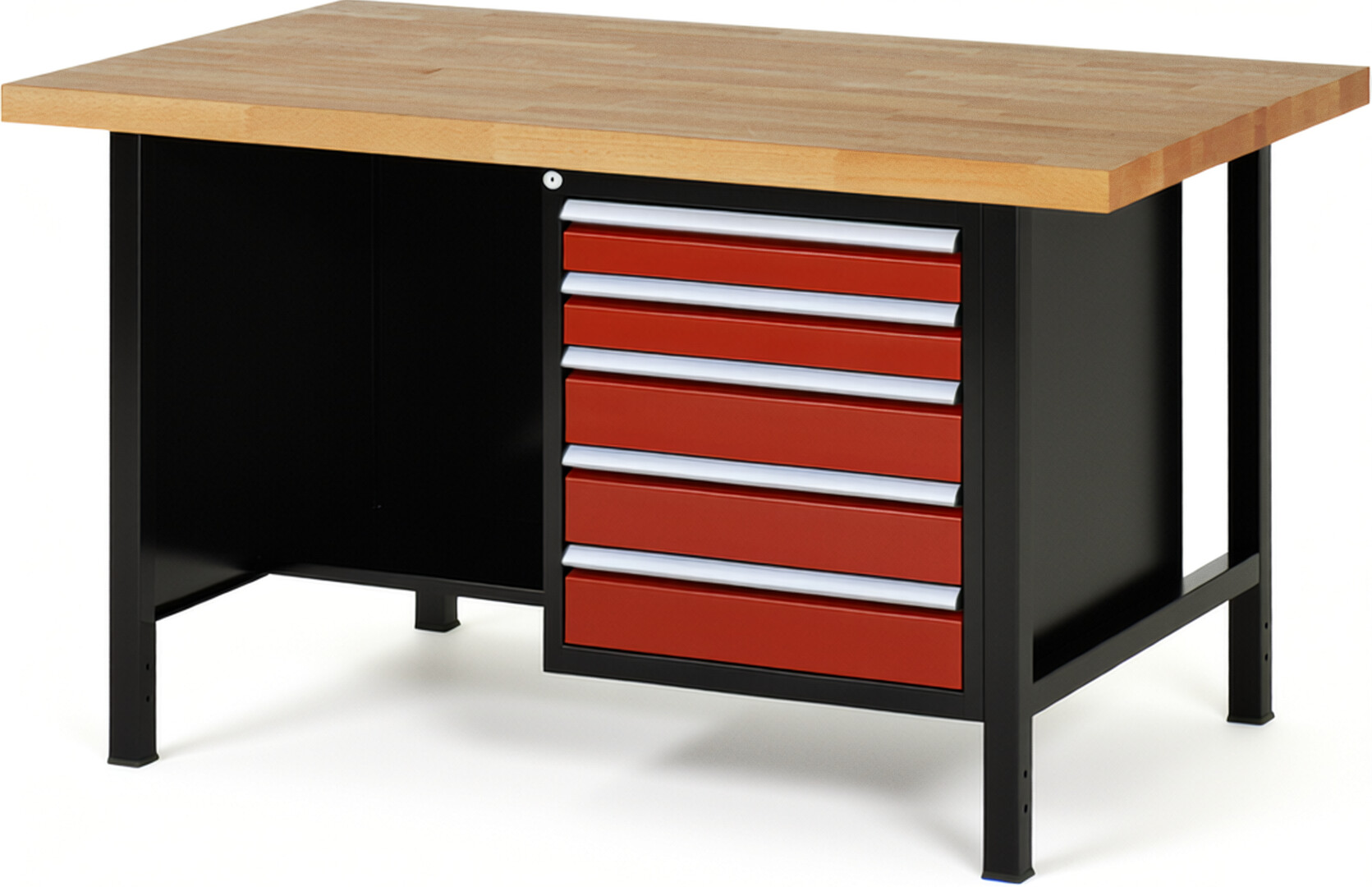 RAU Werkbank schwarz - rot - Breite 150 cm - Tiefe 90 cm - Höhe 104 cm - Buche-Massiv Arbeitsplatte 40 mm