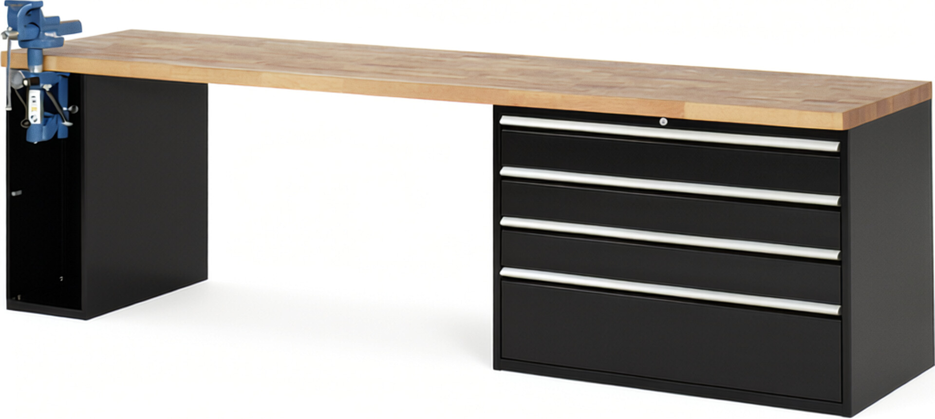 Werkbank Modell 7710 schwarz, BxTxH 3000x700x890 mm,  Buche-Massiv Arbeitsplatte 40 mm,  4 Schubladen mit  Auszug 90 %