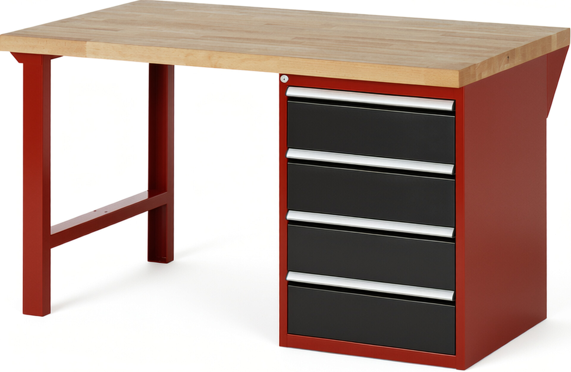 Werkbank Modell 7509 rot - schwarz, BxTxH 1500x900x890 mm,  Buche-Massiv Arbeitsplatte 40 mm,  4 Schubladen mit  Auszug 90 %