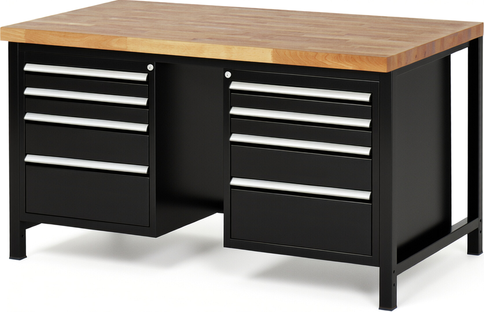 Werkbank Modell 8182 schwarz, BxTxH 1500x900x840-1040 mm,  Buche-Massiv Arbeitsplatte 40 mm,  8 Schubladen mit  Auszug 90 %