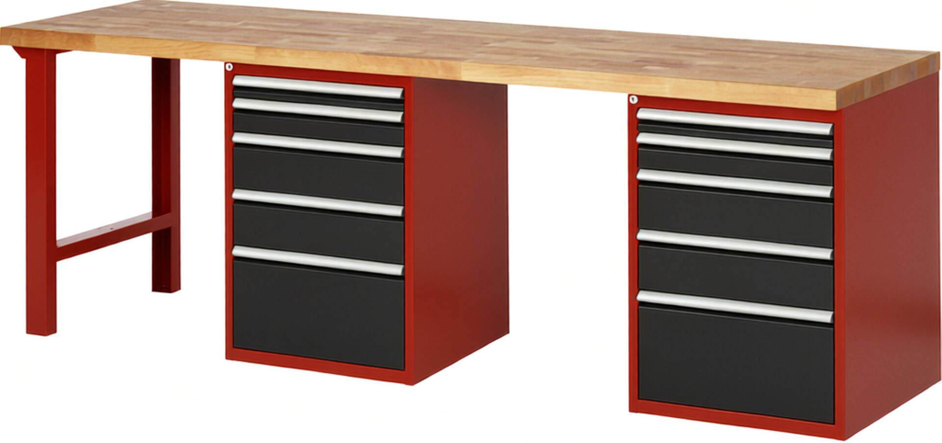 Werkbank Modell 7511 rot - schwarz, BxTxH 2500x700x890 mm,  Buche-Massiv Arbeitsplatte 40 mm,  10 Schubladen mit  Auszug 90 %