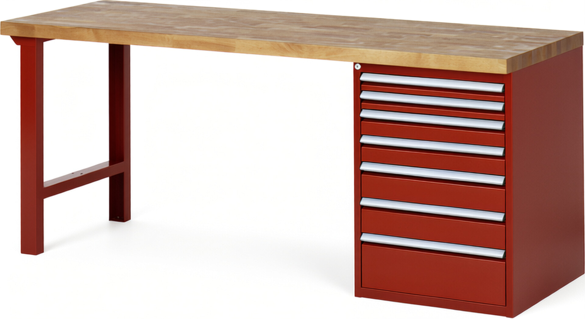Werkbank Modell 7517 rot, BxTxH 2000x700x890 mm,  Buche-Massiv Arbeitsplatte 40 mm,  7 Schubladen mit  Vollauszug 100 % und  SoftClosing