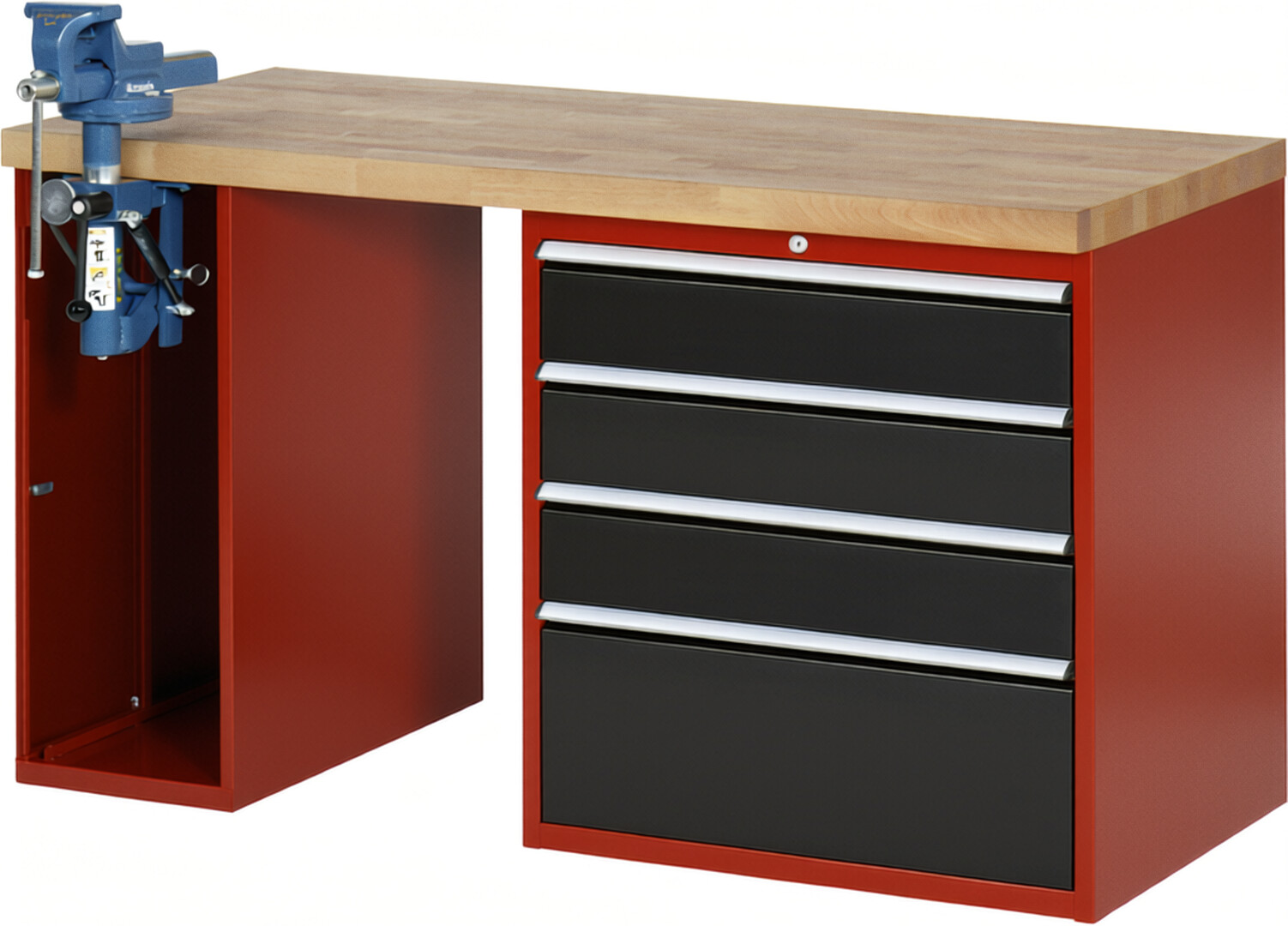 Werkbank Modell 7610 rot - schwarz, BxTxH 1500x700x890 mm,  Buche-Massiv Arbeitsplatte 40 mm,  4 Schubladen mit  Vollauszug 100 % und  SoftClosing