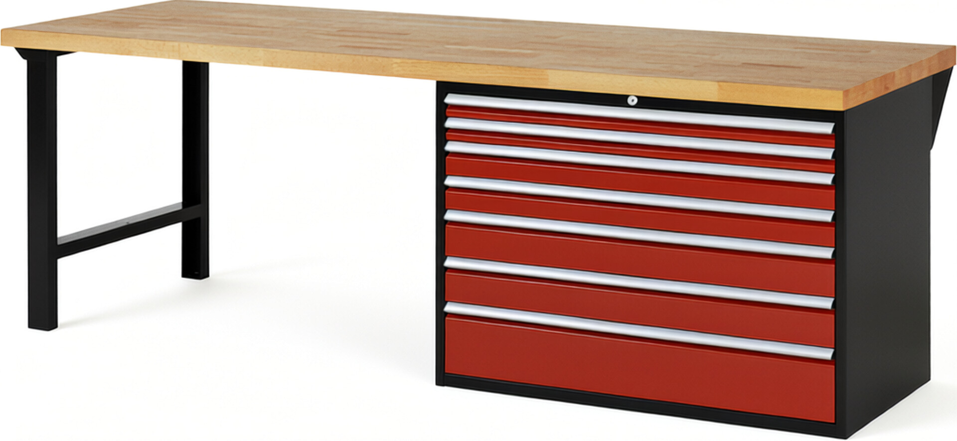 RAU Werkbank schwarz - rot - Breite 250 cm - Tiefe 90 cm - Höhe 89 cm - Buche-Massiv Arbeitsplatte 40 mm