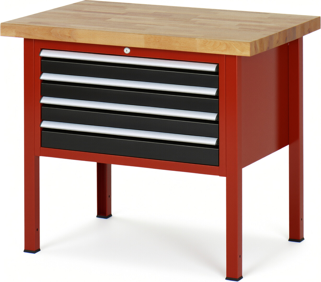 Werkbank Modell 8233 rot - schwarz, BxTxH 1000x700x840-1040 mm,  Buche-Massiv Arbeitsplatte 40 mm,  4 Schubladen mit  Vollauszug 100 % und  SoftClosing