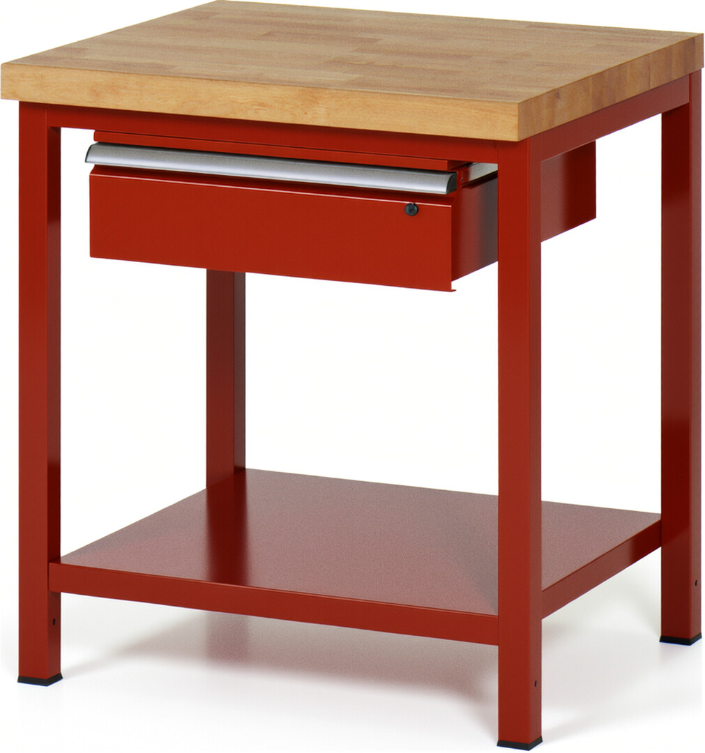 Werkbank Modell 8001 rot, BxTxH 750x700x840-1040 mm,  Buche-Massiv Arbeitsplatte 40 mm,  1 Schublade mit  Auszug 90 %