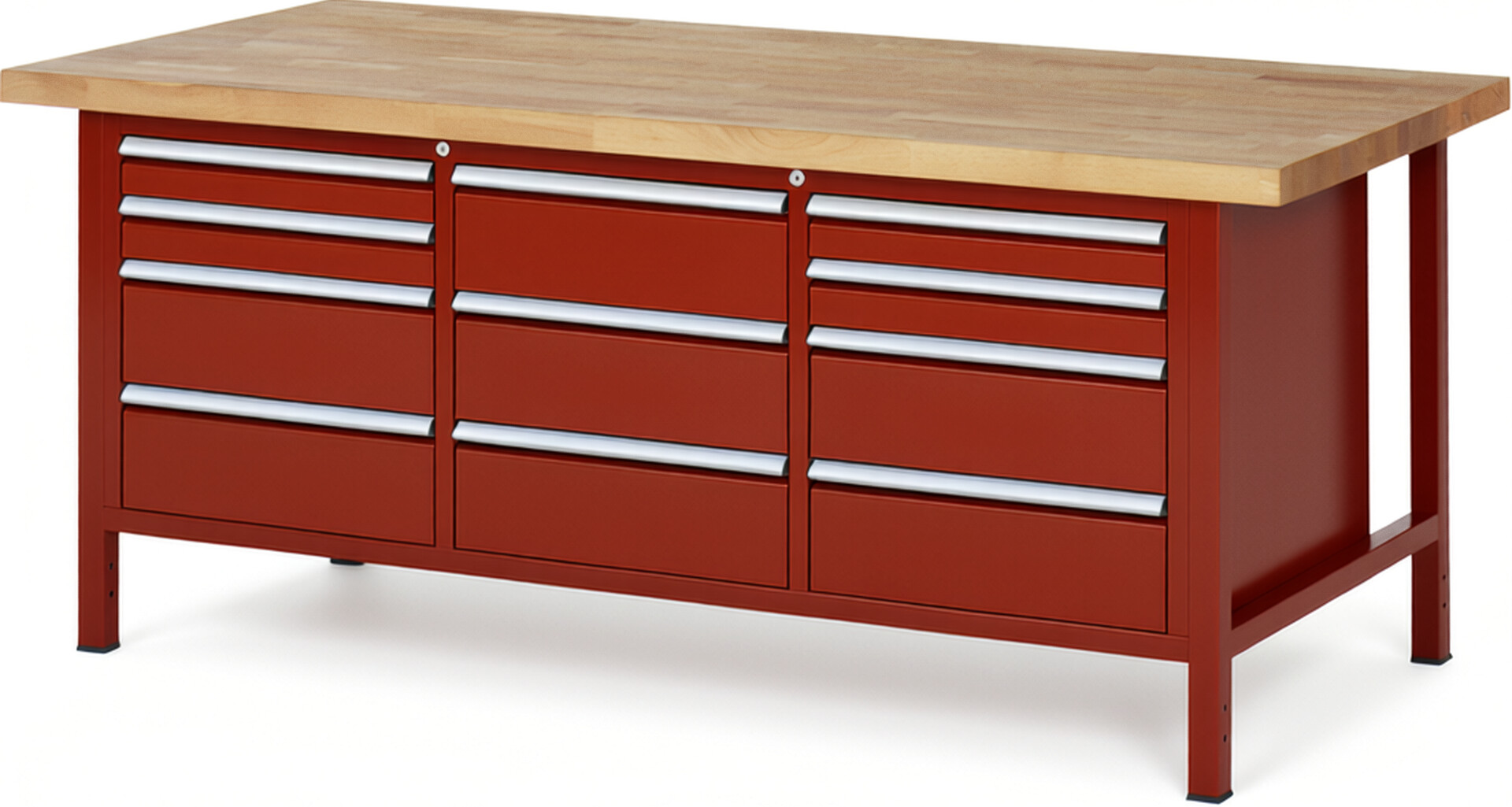 Werkbank Modell 8577 rot, BxTxH 2000x900x840 mm,  Buche-Massiv Arbeitsplatte 40 mm,  11 Schubladen mit  Auszug 90 %