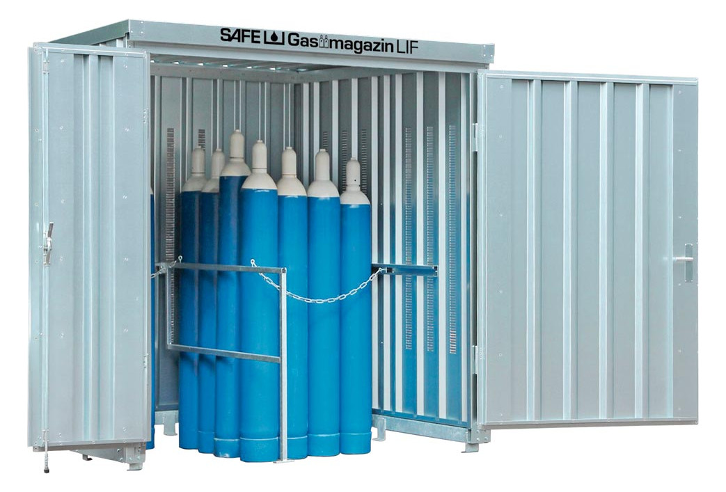 Gasflaschenlager, Gasflaschencontainer, Safe-Gasmagazin, verzinkt, ohne Boden, BxTxH 2100 x 1140 x 2250 mm, montiert, Kapazität 24 Flaschen 50 l
