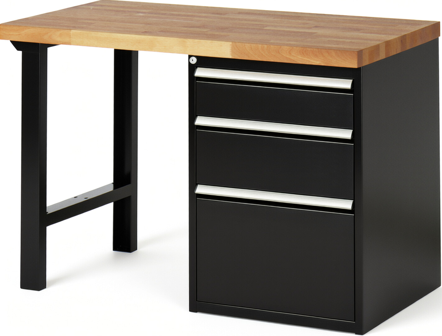 Werkbank Modell 7508 schwarz, BxTxH 1250x700x890 mm,  Buche-Massiv Arbeitsplatte 40 mm,  3 Schubladen mit  Vollauszug 100 % und  SoftClosing