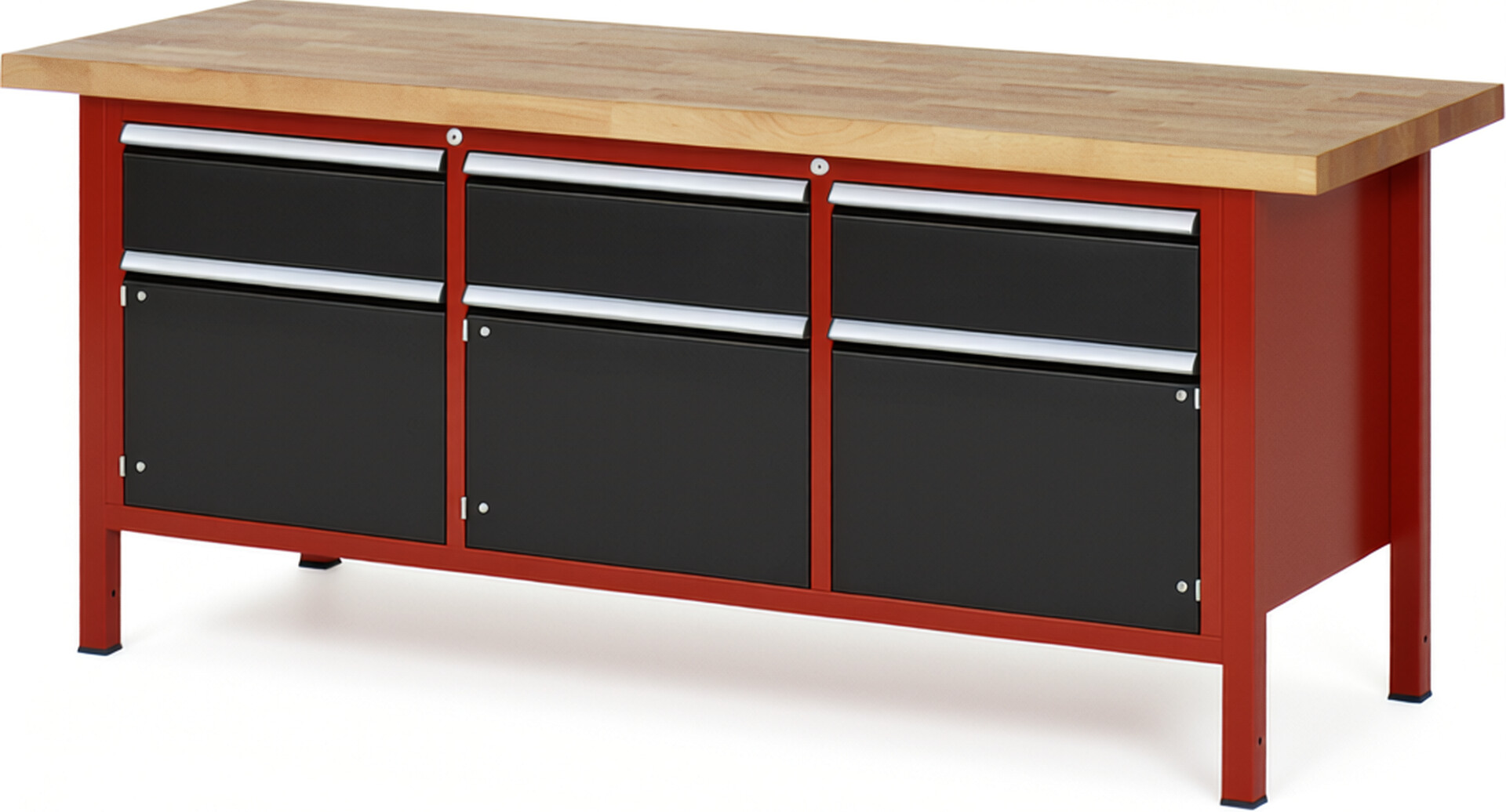 Werkbank Modell 8567 rot - schwarz, BxTxH 2000x700x840-1040 mm,  Buche-Massiv Arbeitsplatte 40 mm,  3 Schubladen mit  Vollauszug 100 % und  SoftClosing
