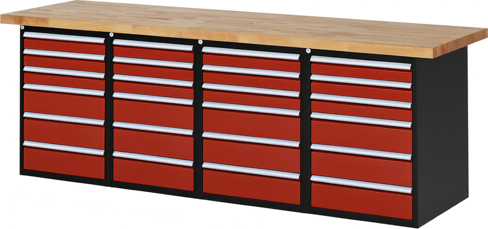 RAU Werkbank schwarz - rot - Breite 250 cm - Tiefe 70 cm - Höhe 89 cm - Buche-Massiv Arbeitsplatte 40 mm