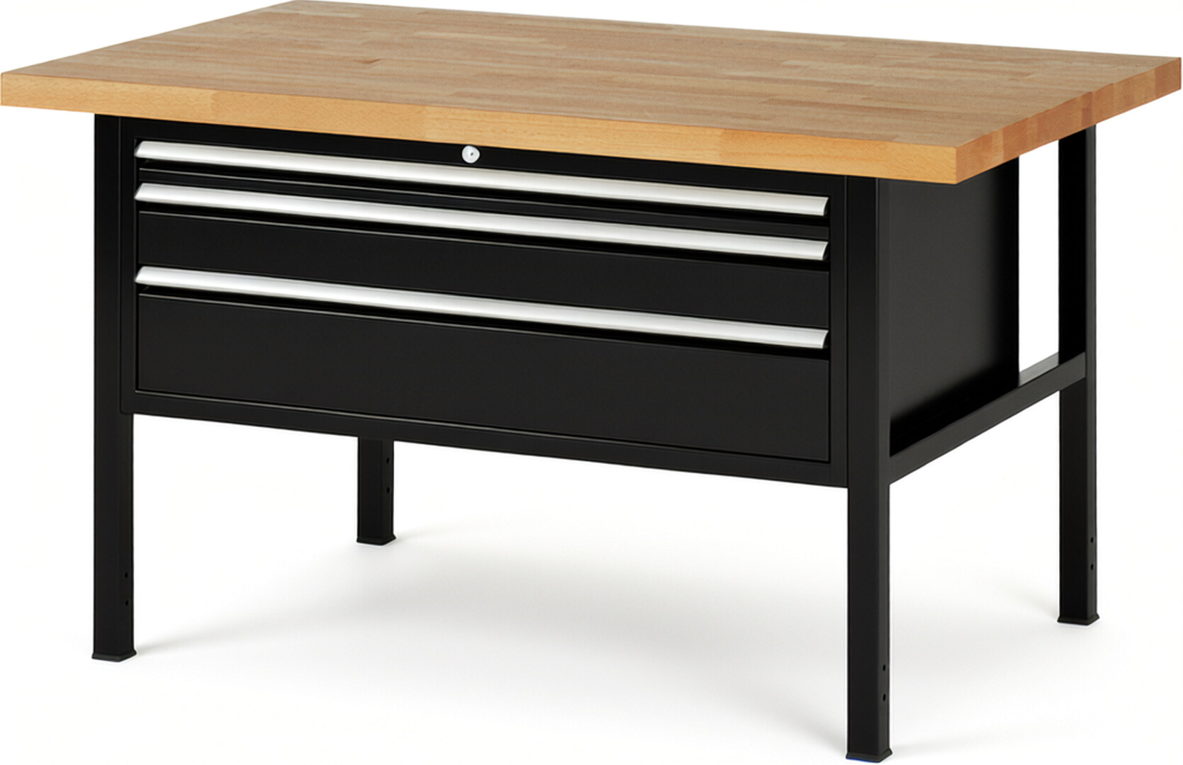 Werkbank Modell 8326 schwarz, BxTxH 1500x900x840 mm,  Buche-Massiv Arbeitsplatte 40 mm,  3 Schubladen mit  Vollauszug 100 % und  SoftClosing
