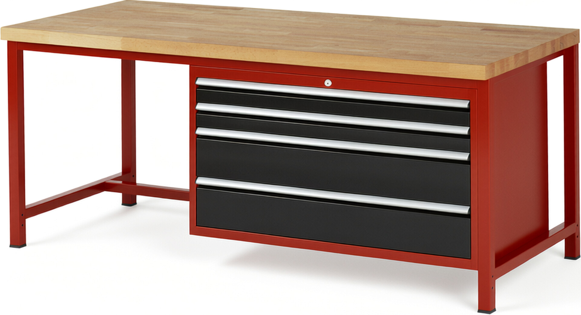 Werkbank Modell 8361 rot - schwarz, BxTxH 2000x900x840 mm,  Buche-Massiv Arbeitsplatte 40 mm,  4 Schubladen mit  Auszug 90 %