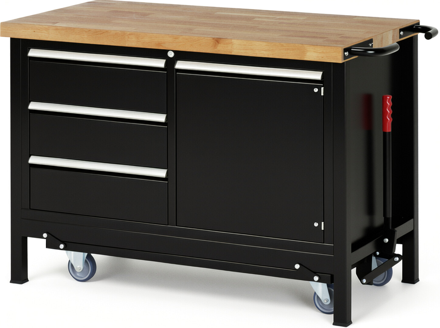 Absenkbare Werkbank Modell 8468 schwarz, BxTxH 1250x700x880 mm,  Buche-Massiv Arbeitsplatte 40 mm,  3 Schubladen mit  Vollauszug 100 % und  SoftClosing