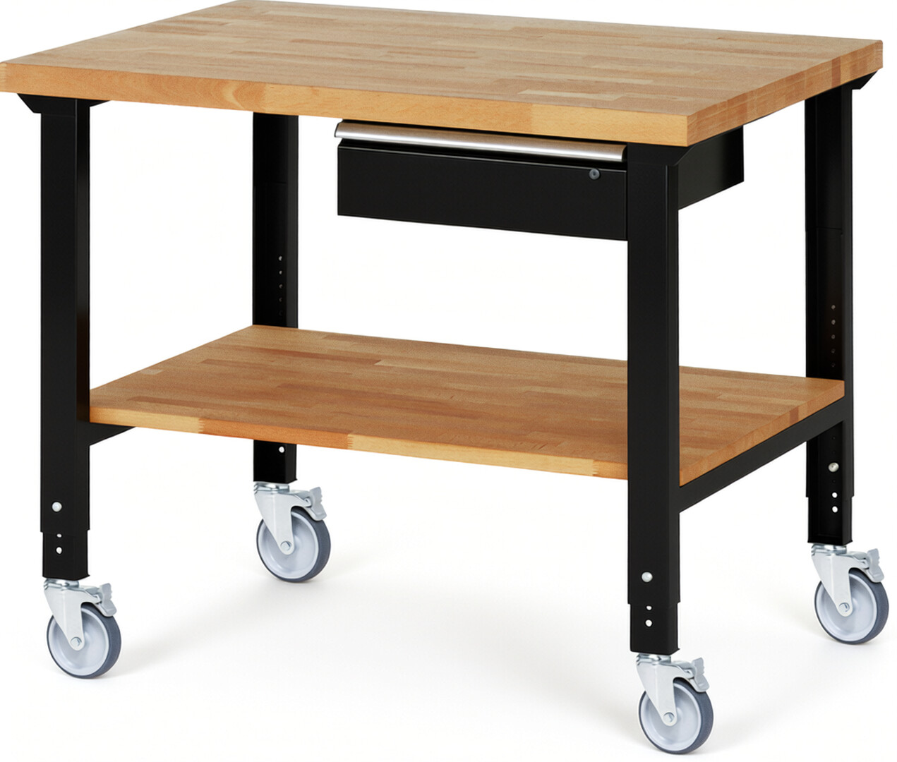 Fahrbare Werkbank Modell 7001 schwarz, BxTxH 1250x900x950-1000 mm,  Buche-Massiv Arbeitsplatte 40 mm,  1 Schublade mit  Auszug 90 %