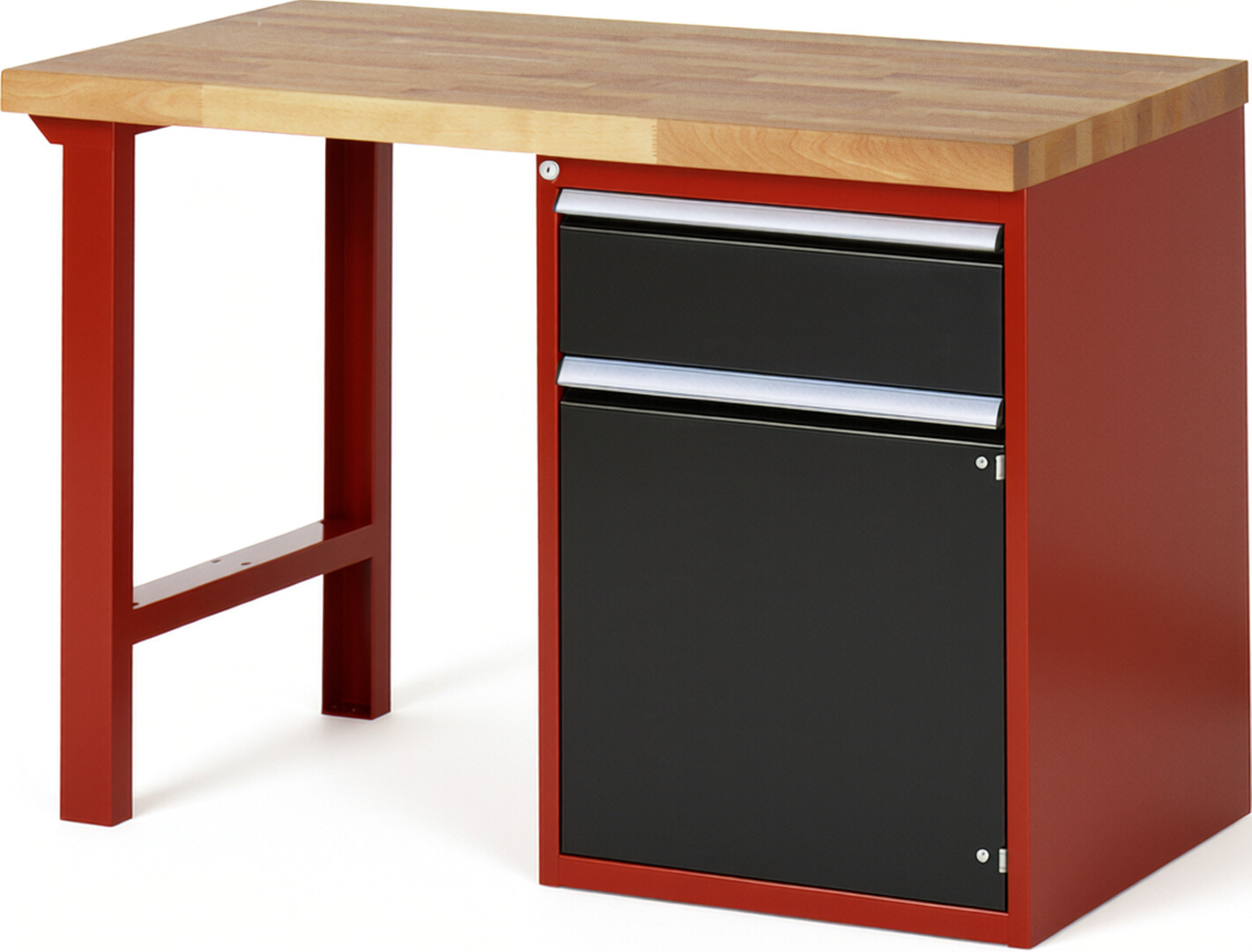Werkbank Modell 7502 rot - schwarz, BxTxH 1250x700x890 mm,  Buche-Massiv Arbeitsplatte 40 mm,  1 Schublade mit  Auszug 90 %