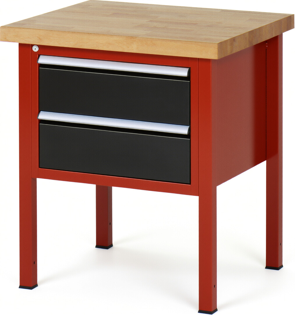 Werkbank Modell 8125 rot - schwarz, BxTxH 750x700x840-1040 mm,  Buche-Massiv Arbeitsplatte 40 mm,  2 Schubladen mit  Vollauszug 100 % und  SoftClosing