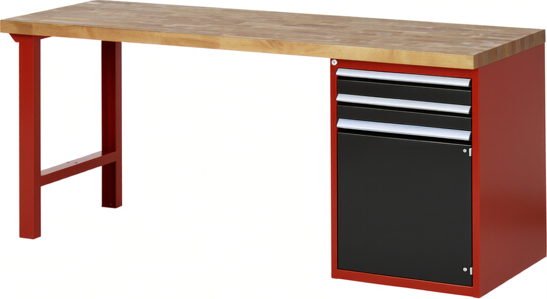 Werkbank Modell 7503 rot - schwarz, BxTxH 2000x700x890 mm,  Buche-Massiv Arbeitsplatte 40 mm,  2 Schubladen mit  Vollauszug 100 % und  SoftClosing