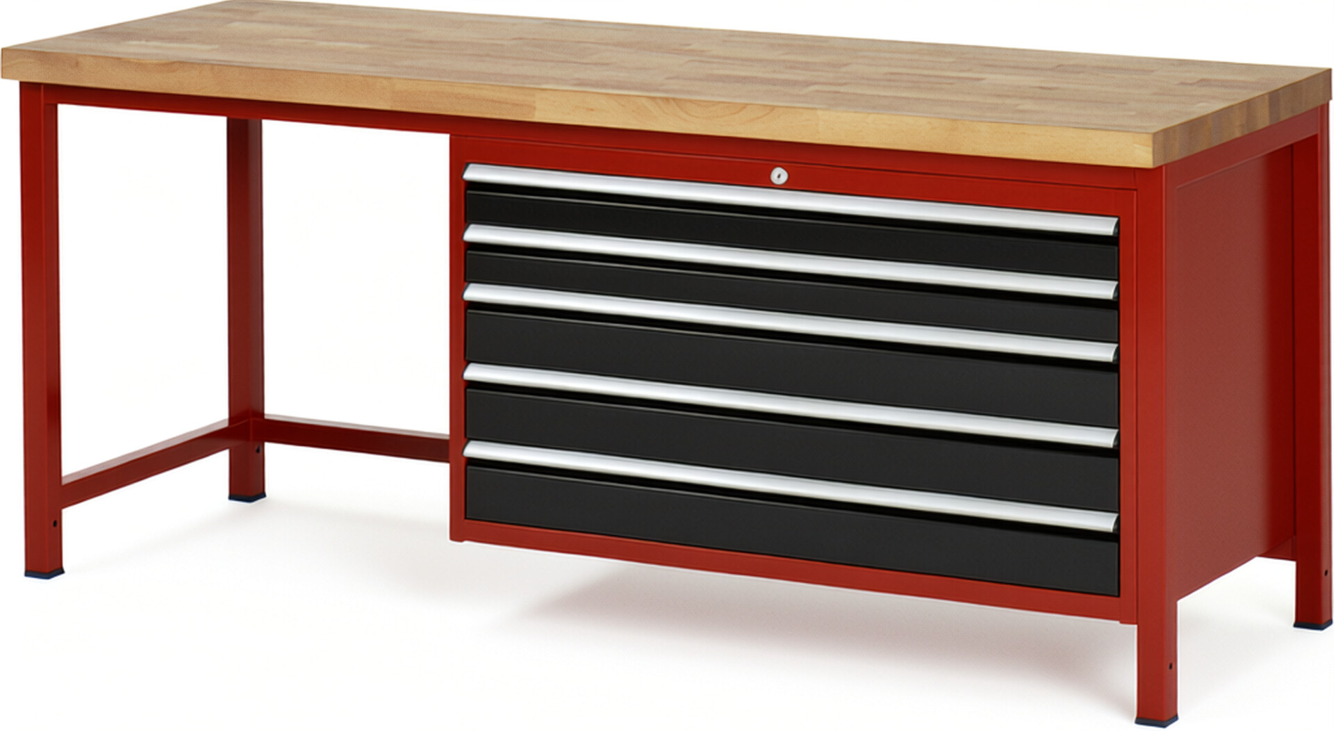 Werkbank Modell 8371 rot - schwarz, BxTxH 2000x700x840 mm,  Buche-Massiv Arbeitsplatte 40 mm,  5 Schubladen mit  Auszug 90 %