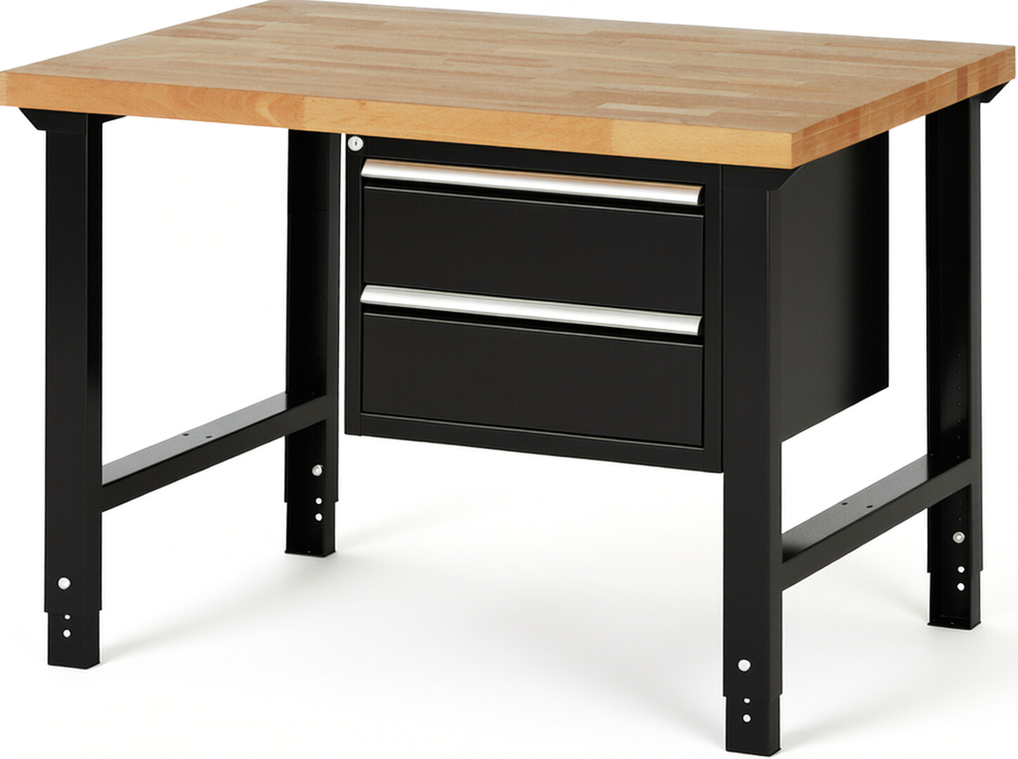 Werkbank Modell 7125 schwarz, BxTxH 1250x900x790-1140 mm,  Buche-Massiv Arbeitsplatte 40 mm,  2 Schubladen mit  Auszug 90 %