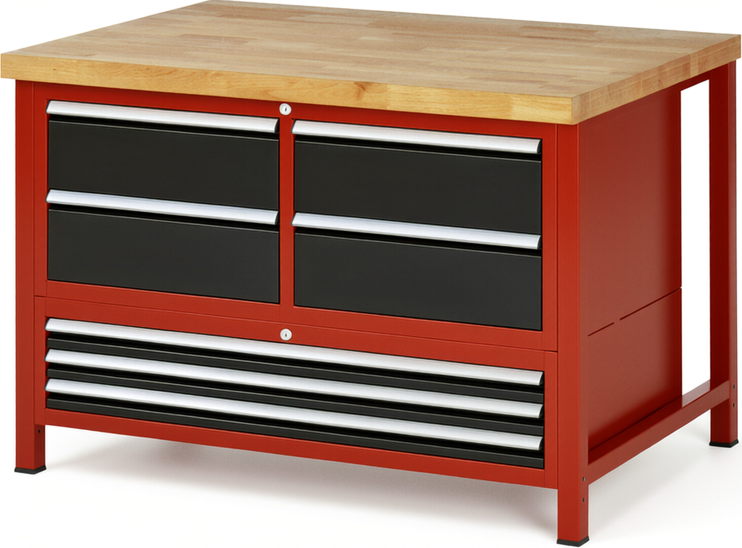 Werkbank Modell 8934 rot - schwarz, BxTxH 1250x900x840-1040 mm,  Buche-Massiv Arbeitsplatte 40 mm,  7 Schubladen mit  Auszug 90 %