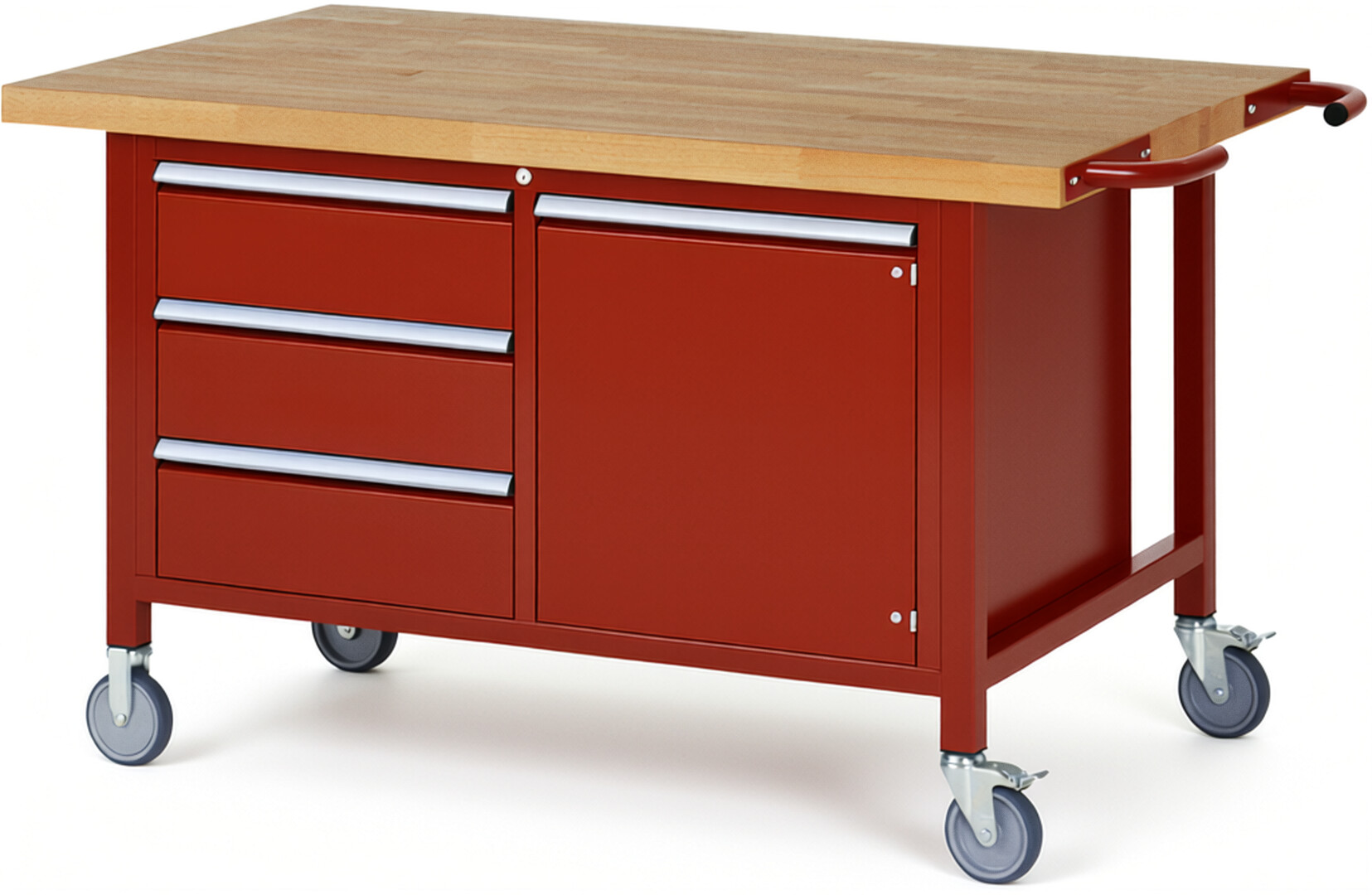 Fahrbare Werkbank Modell 8468 rot, BxTxH 1500x900x880 mm,  Buche-Massiv Arbeitsplatte 40 mm,  3 Schubladen mit  Vollauszug 100 % und  SoftClosing