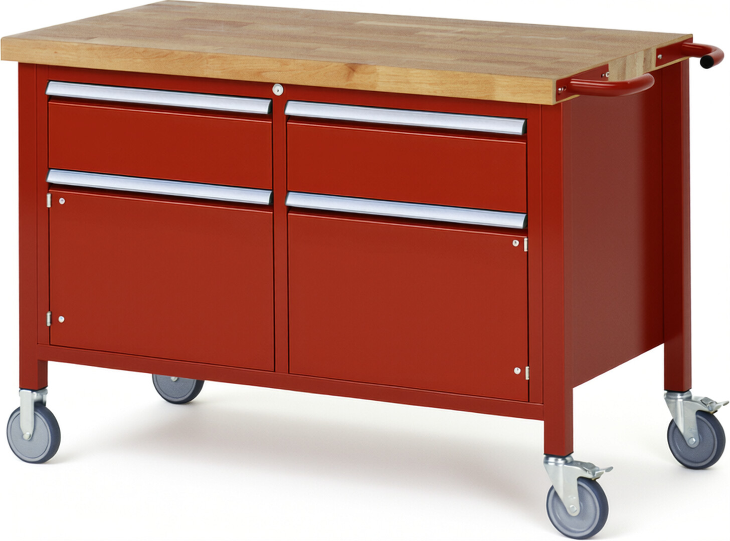 Fahrbare Werkbank Modell 8466 rot, BxTxH 1250x700x880 mm,  Buche-Massiv Arbeitsplatte 40 mm,  2 Schubladen mit  Vollauszug 100 % und  SoftClosing