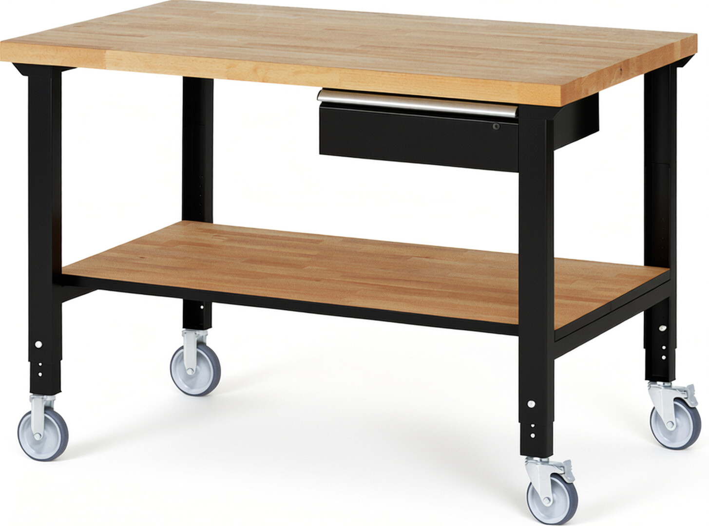 Fahrbare Werkbank Modell 7001 schwarz, BxTxH 1500x900x950-1000 mm,  Buche-Massiv Arbeitsplatte 40 mm,  1 Schublade mit  Auszug 90 %