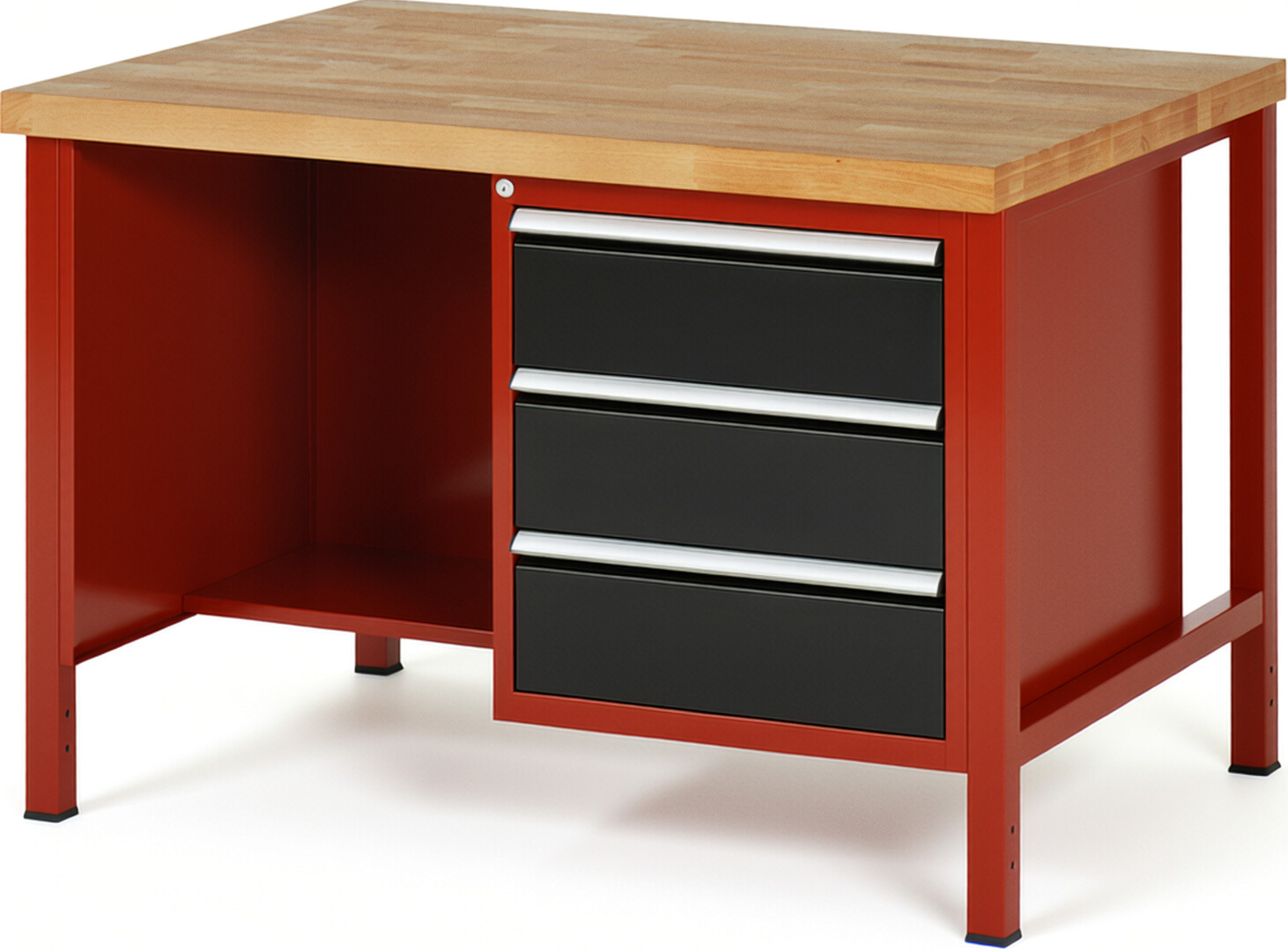 Werkbank Modell 8452 rot - schwarz, BxTxH 1250x900x840 mm,  Buche-Massiv Arbeitsplatte 40 mm,  3 Schubladen mit  Vollauszug 100 % und  SoftClosing