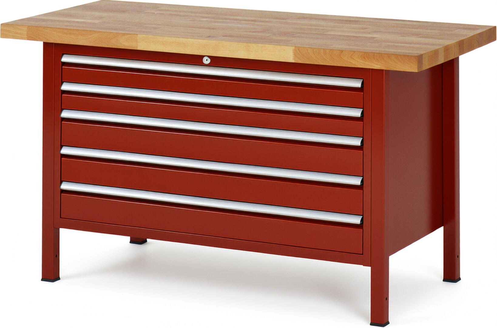 Werkbank Modell 8371 rot, BxTxH 1500x700x840-1040 mm,  Buche-Massiv Arbeitsplatte 40 mm,  5 Schubladen mit  Auszug 90 %