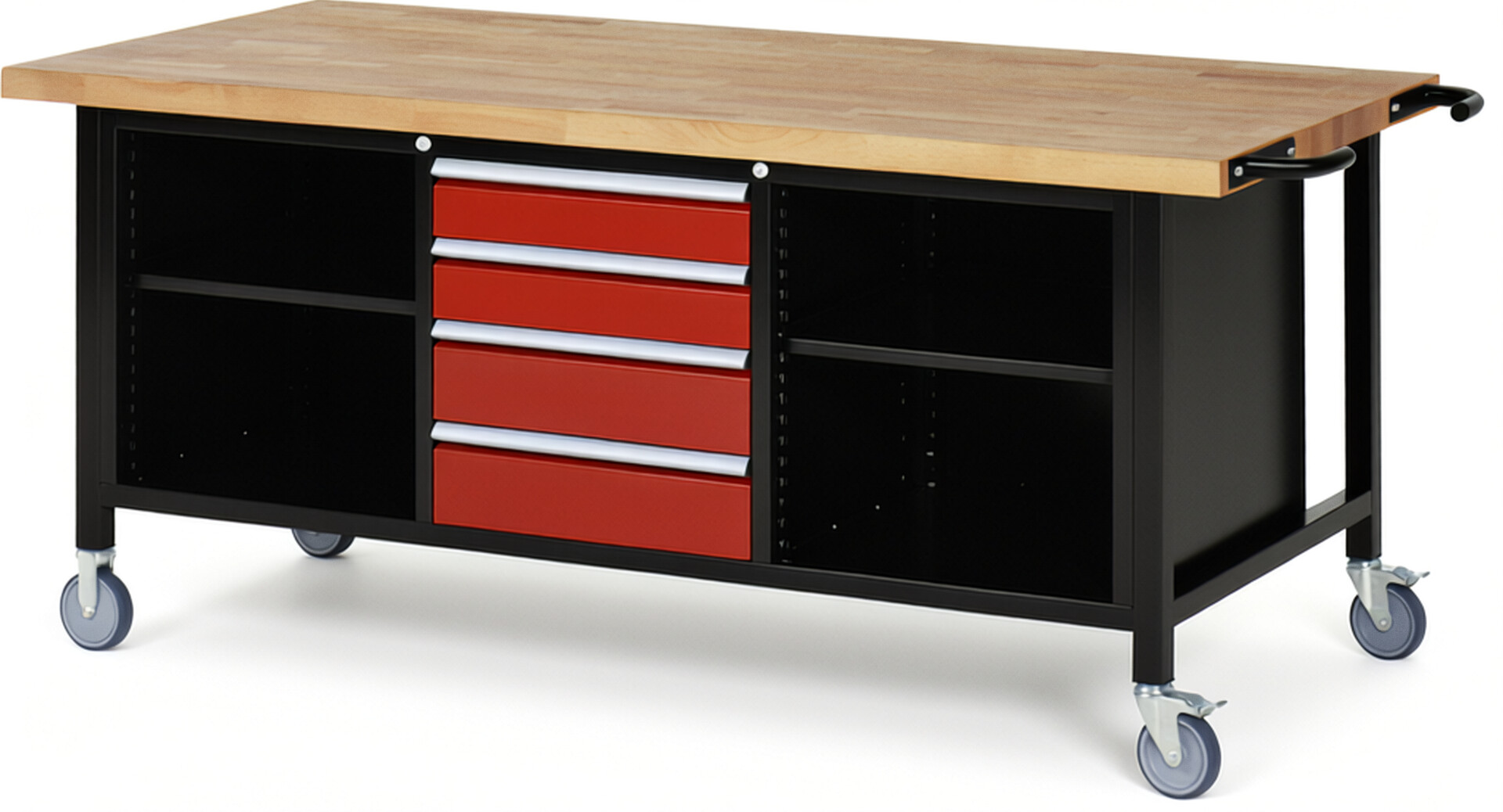 RAU Werkbank schwarz - rot - Breite 200 cm - Tiefe 90 cm - Höhe 108 cm - Buche-Massiv Arbeitsplatte 40 mm