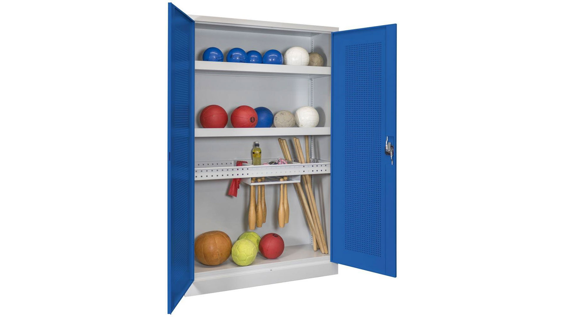 Sportschrank - Lochfeldtüren - Variante 2 - 1.950x1.200x500 mm (HxBxT) - lichtgrau/enzianblau