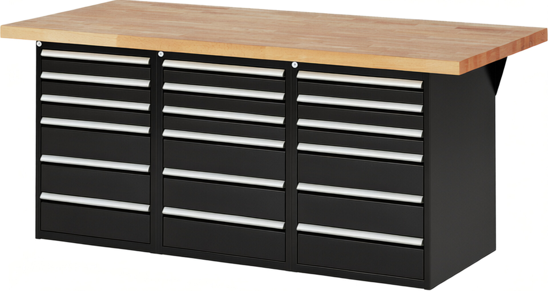 Werkbank Modell 7515 schwarz, BxTxH 2000x900x890 mm,  Buche-Massiv Arbeitsplatte 40 mm,  18 Schubladen mit  Vollauszug 100 % und  SoftClosing