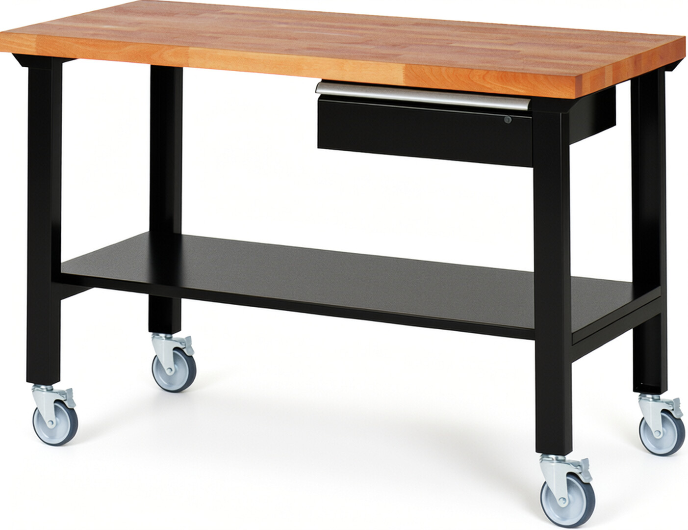 Fahrbare Werkbank Modell 7001 schwarz, BxTxH 1500x700x1000 mm,  Buche-Massiv Arbeitsplatte 40 mm,  1 Schublade mit  Auszug 90 %