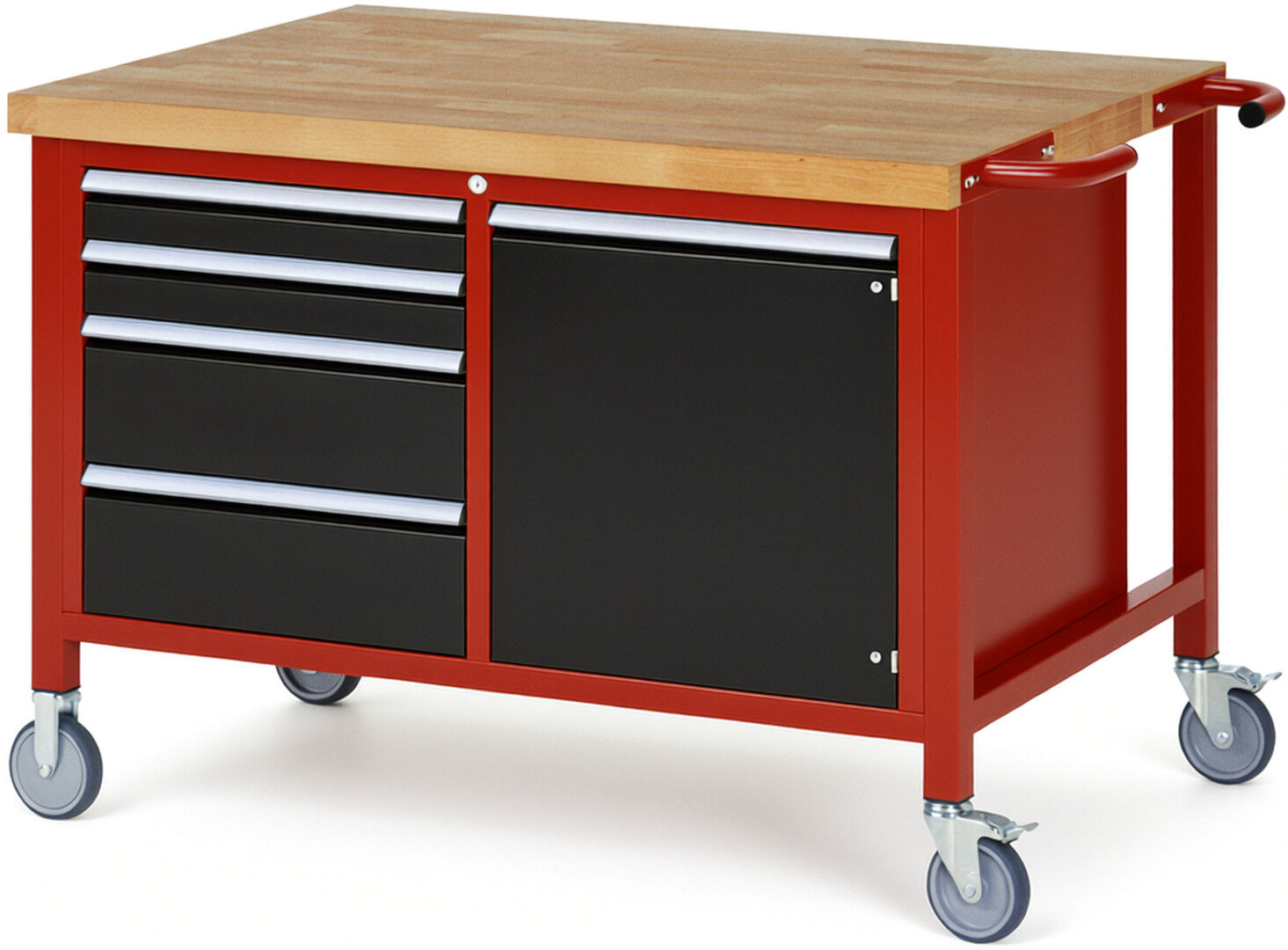 Fahrbare Werkbank Modell 8470 rot - schwarz, BxTxH 1250x900x880 mm,  Buche-Massiv Arbeitsplatte 40 mm,  4 Schubladen mit  Auszug 90 %