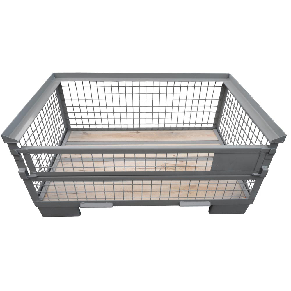 Gitterboxpalette, halbhohe Bauform, 1 Längswand halb abklappbar, RAL 7030 steingrau, LxBxH 1240x835x570 mm