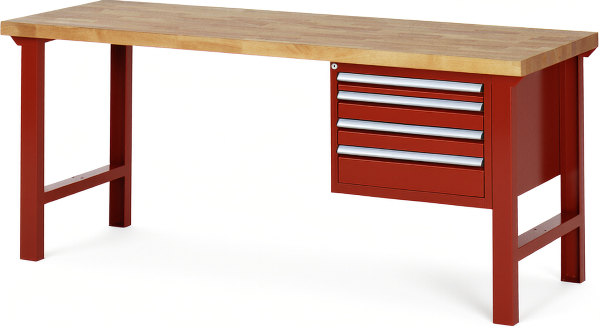 Werkbank Modell 7132 rot, BxTxH 2000x700x840 mm,  Buche-Massiv Arbeitsplatte 40 mm,  4 Schubladen mit  Vollauszug 100 % und  SoftClosing