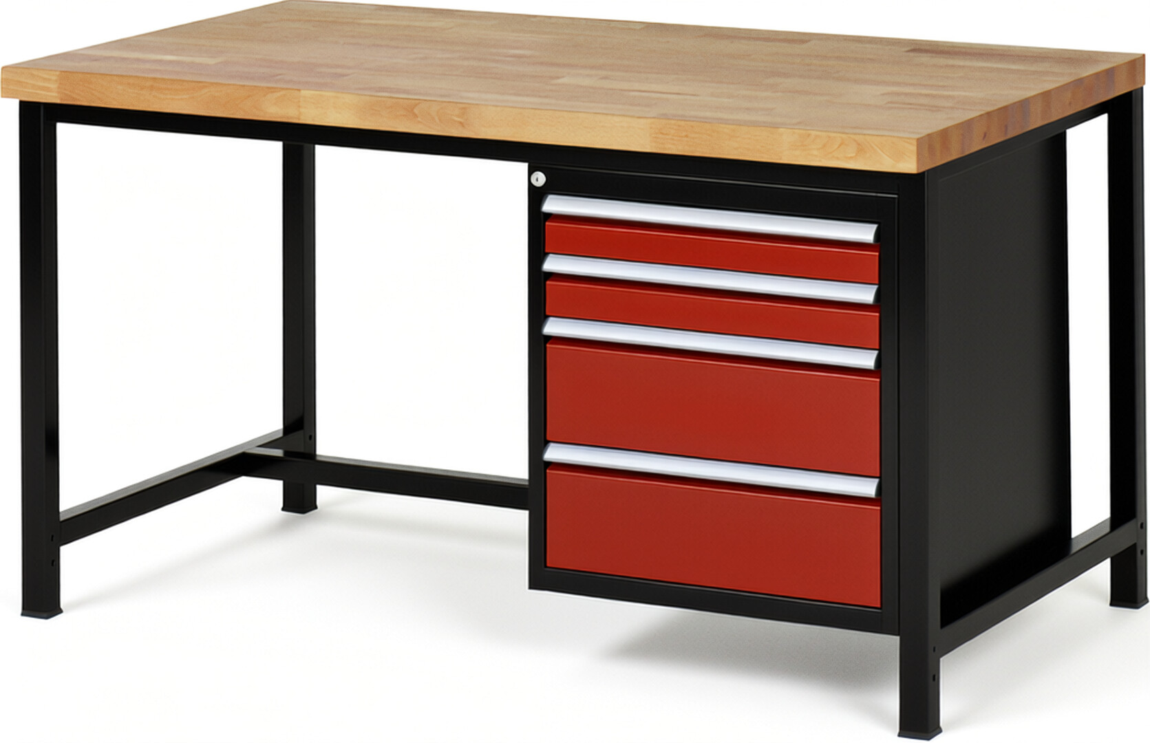 RAU Werkbank schwarz - rot - Breite 150 cm - Tiefe 90 cm - Höhe 104 cm - Buche-Massiv Arbeitsplatte 40 mm