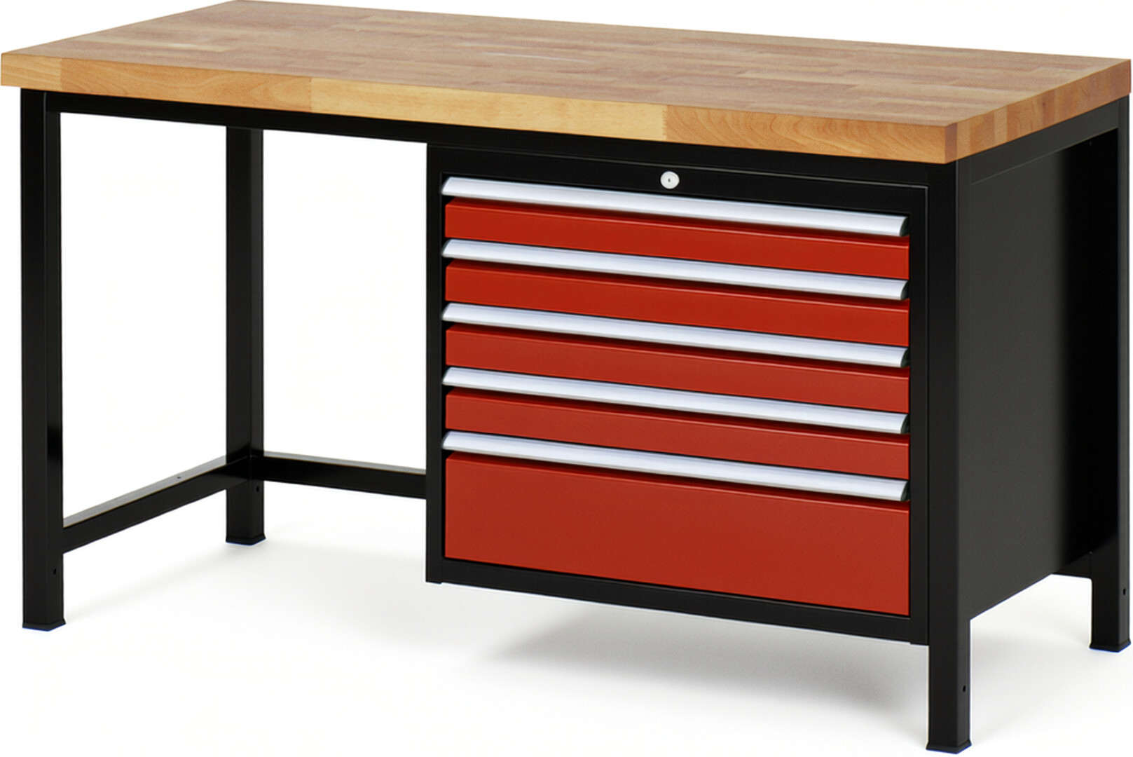 RAU Werkbank schwarz - rot - Breite 150 cm - Tiefe 70 cm - Höhe 104 cm - Buche-Massiv Arbeitsplatte 40 mm