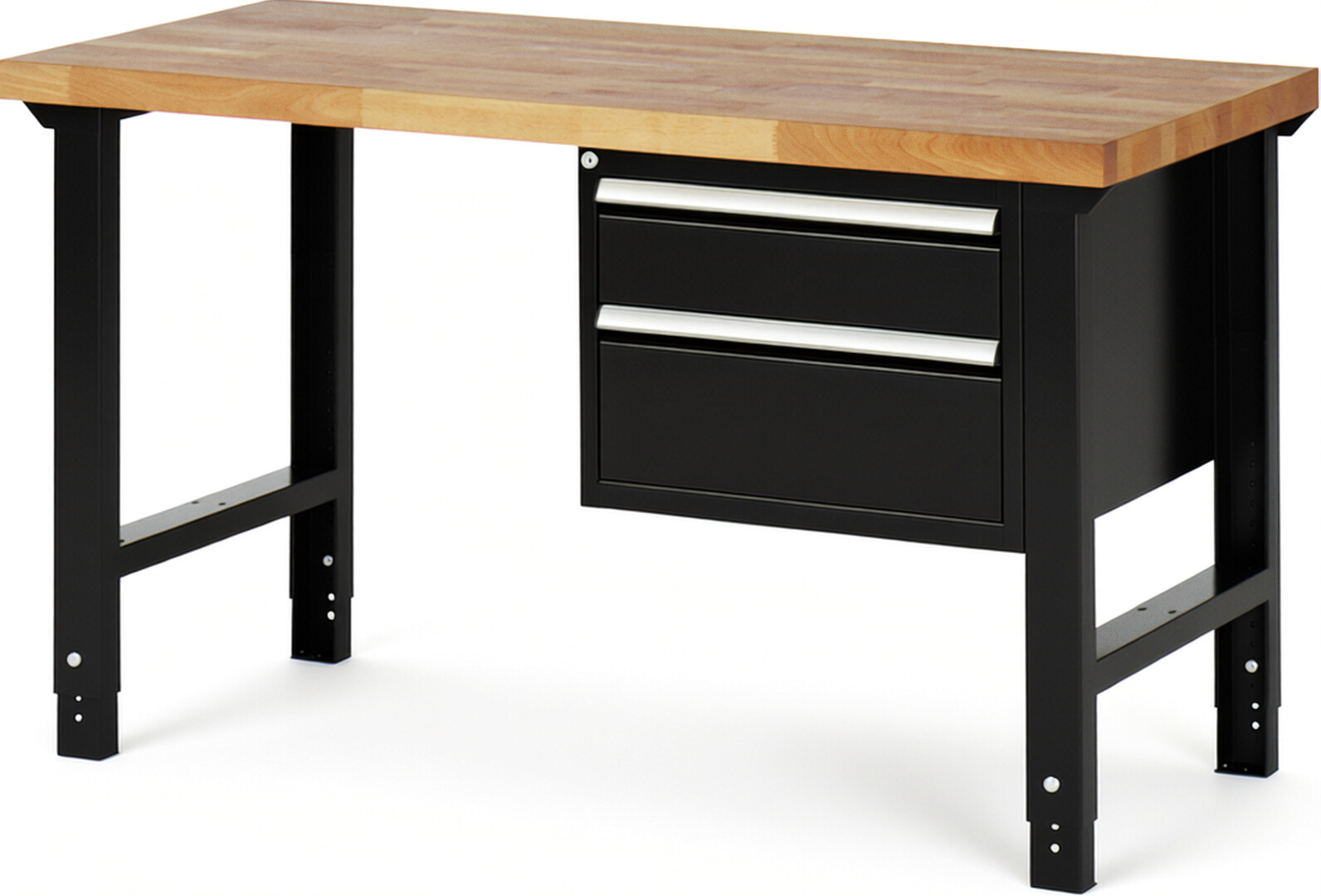 Werkbank Modell 7123 schwarz, BxTxH 1500x700x790-1140 mm,  Buche-Massiv Arbeitsplatte 40 mm,  2 Schubladen mit  Auszug 90 %