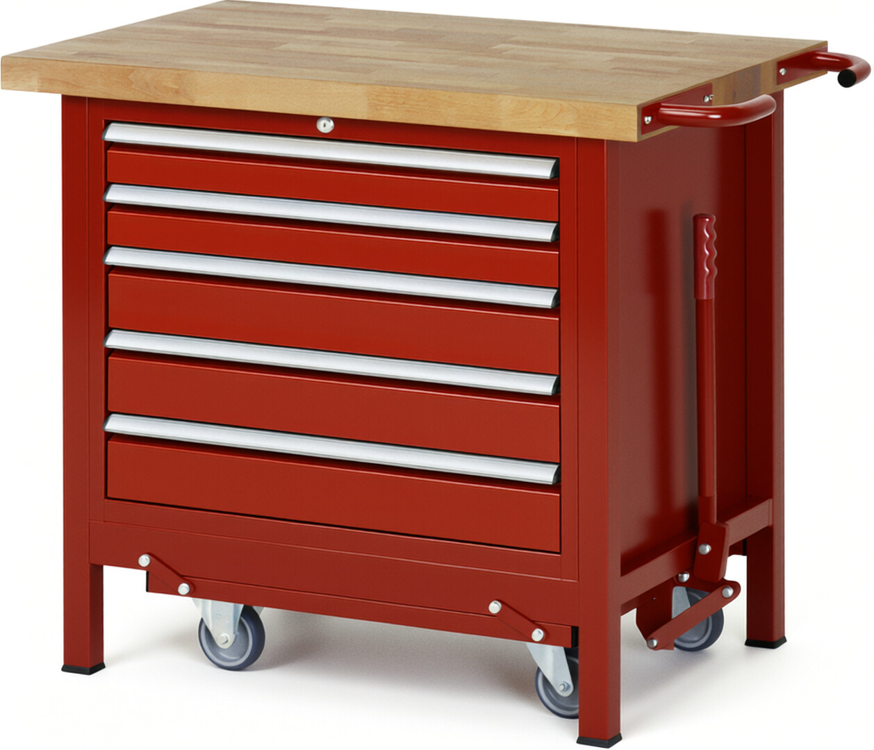 Absenkbare Werkbank Modell 8271 rot, BxTxH 1000x700x880 mm,  Buche-Massiv Arbeitsplatte 40 mm,  5 Schubladen mit  Auszug 90 %