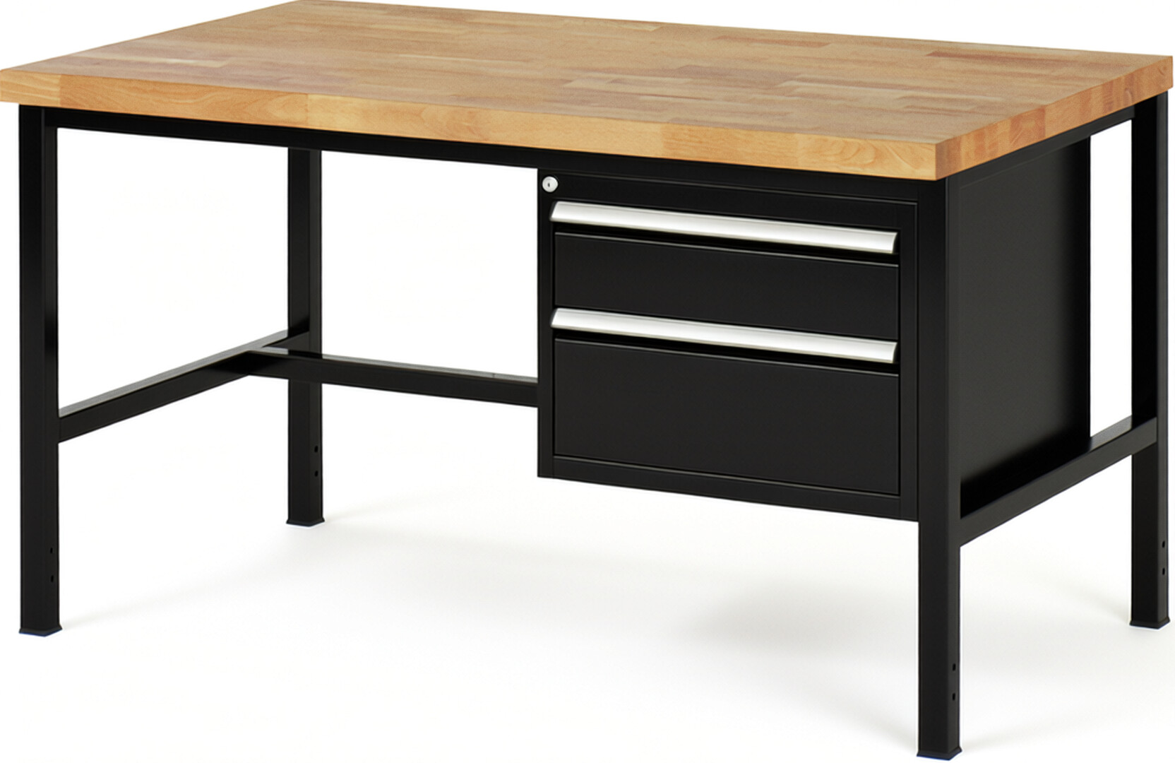 Werkbank Modell 8123 schwarz, BxTxH 1500x900x840-1040 mm,  Buche-Massiv Arbeitsplatte 40 mm,  2 Schubladen mit  Auszug 90 %