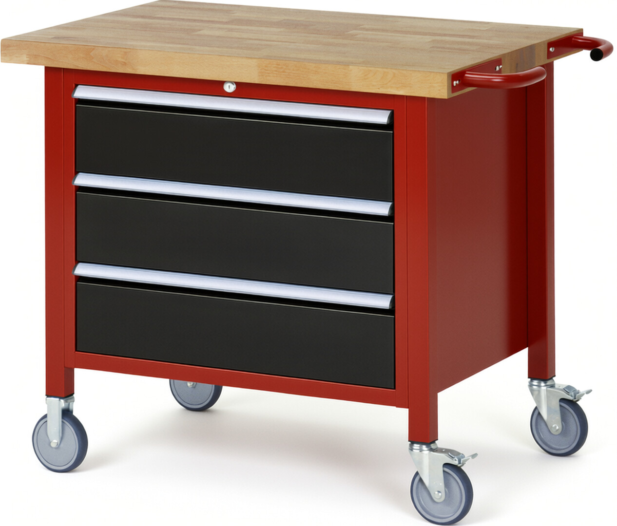 Fahrbare Werkbank Modell 8257 rot - schwarz, BxTxH 1000x700x880 mm,  Buche-Massiv Arbeitsplatte 40 mm,  3 Schubladen mit  Vollauszug 100 % und  SoftClosing