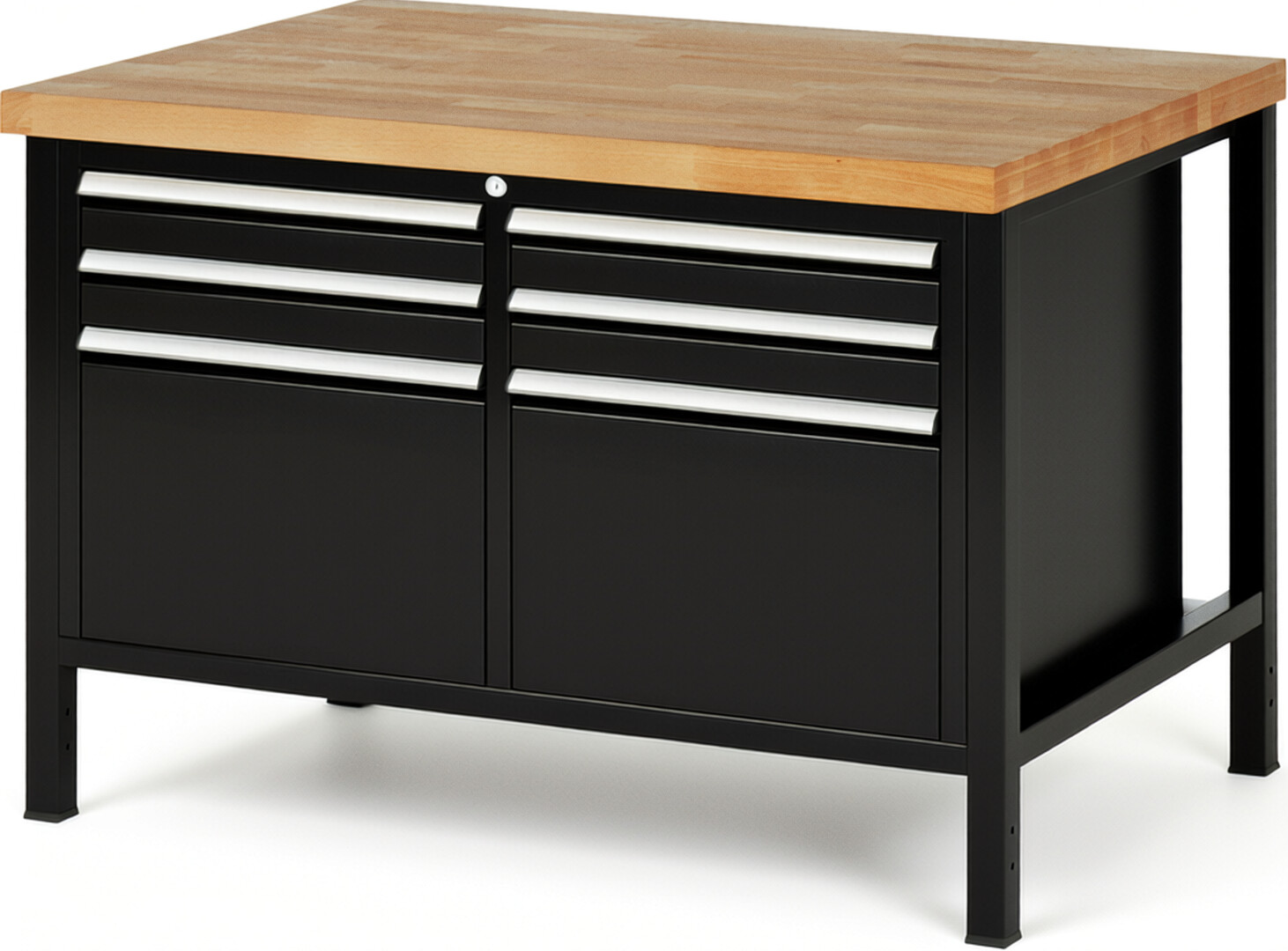 Werkbank Modell 8474 schwarz, BxTxH 1250x900x840 mm,  Buche-Massiv Arbeitsplatte 40 mm,  6 Schubladen mit  Auszug 90 %