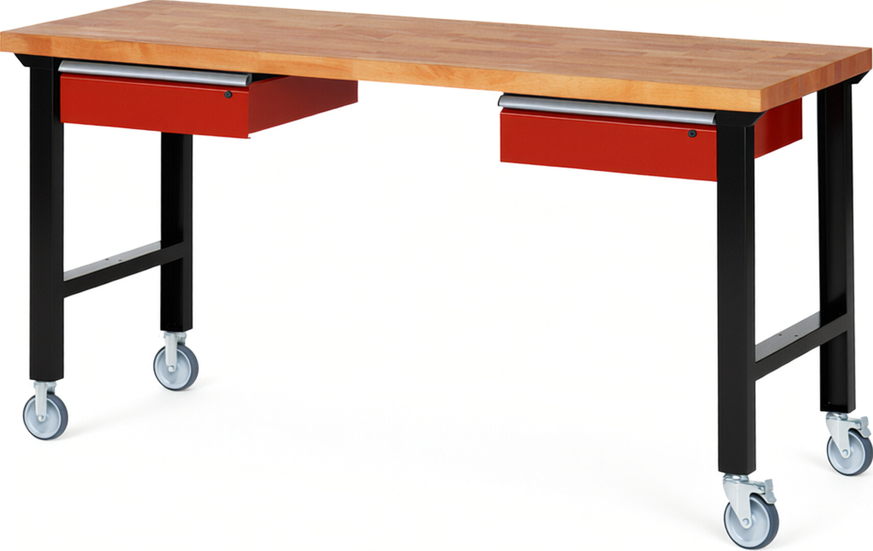RAU Werkbank schwarz - rot - Breite 200 cm - Tiefe 70 cm - Höhe 100 cm - Buche-Massiv Arbeitsplatte 40 mm