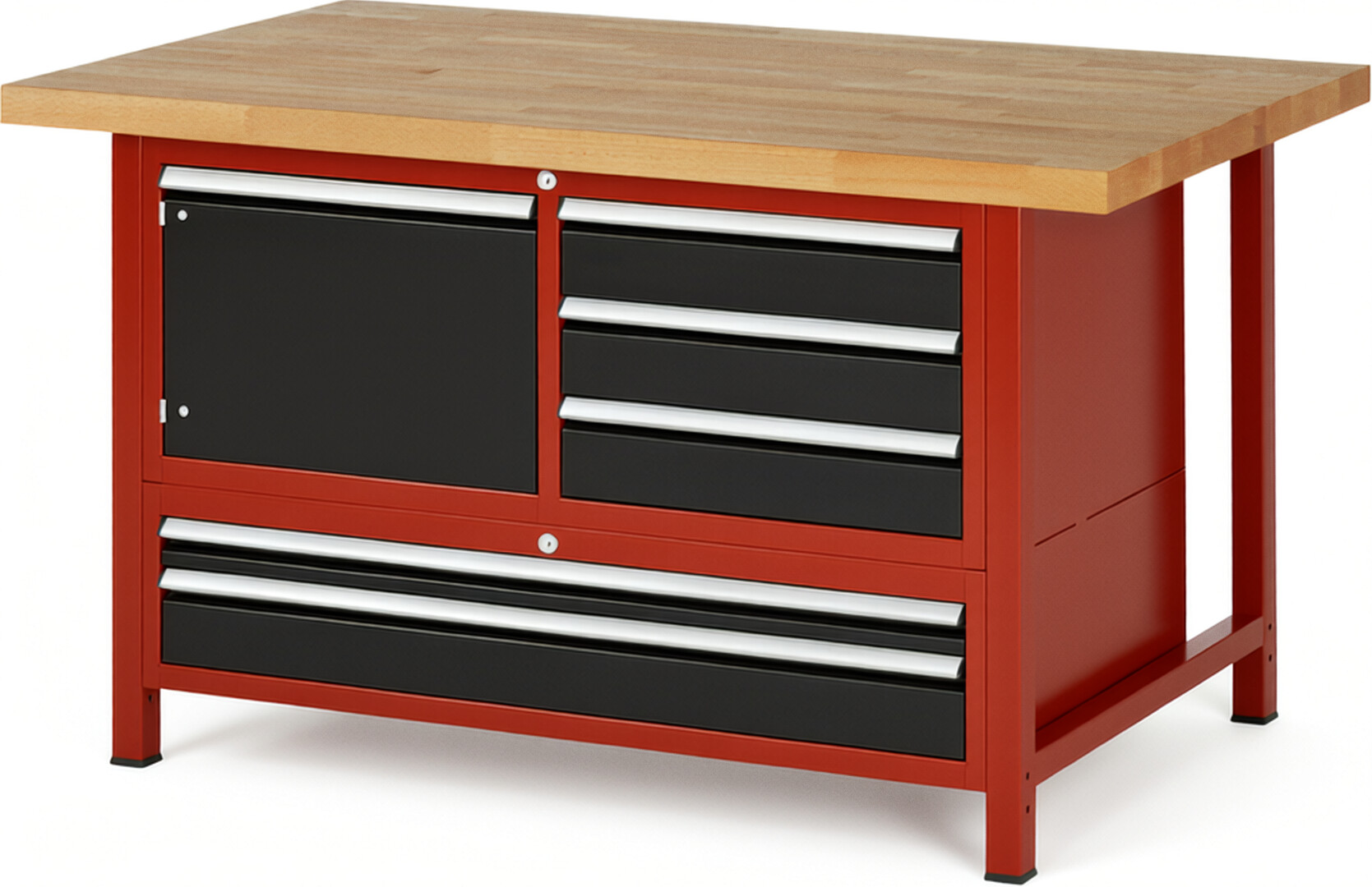 Werkbank Modell 8932 rot - schwarz, BxTxH 1500x900x840 mm,  Buche-Massiv Arbeitsplatte 40 mm,  5 Schubladen mit  Vollauszug 100 % und  SoftClosing